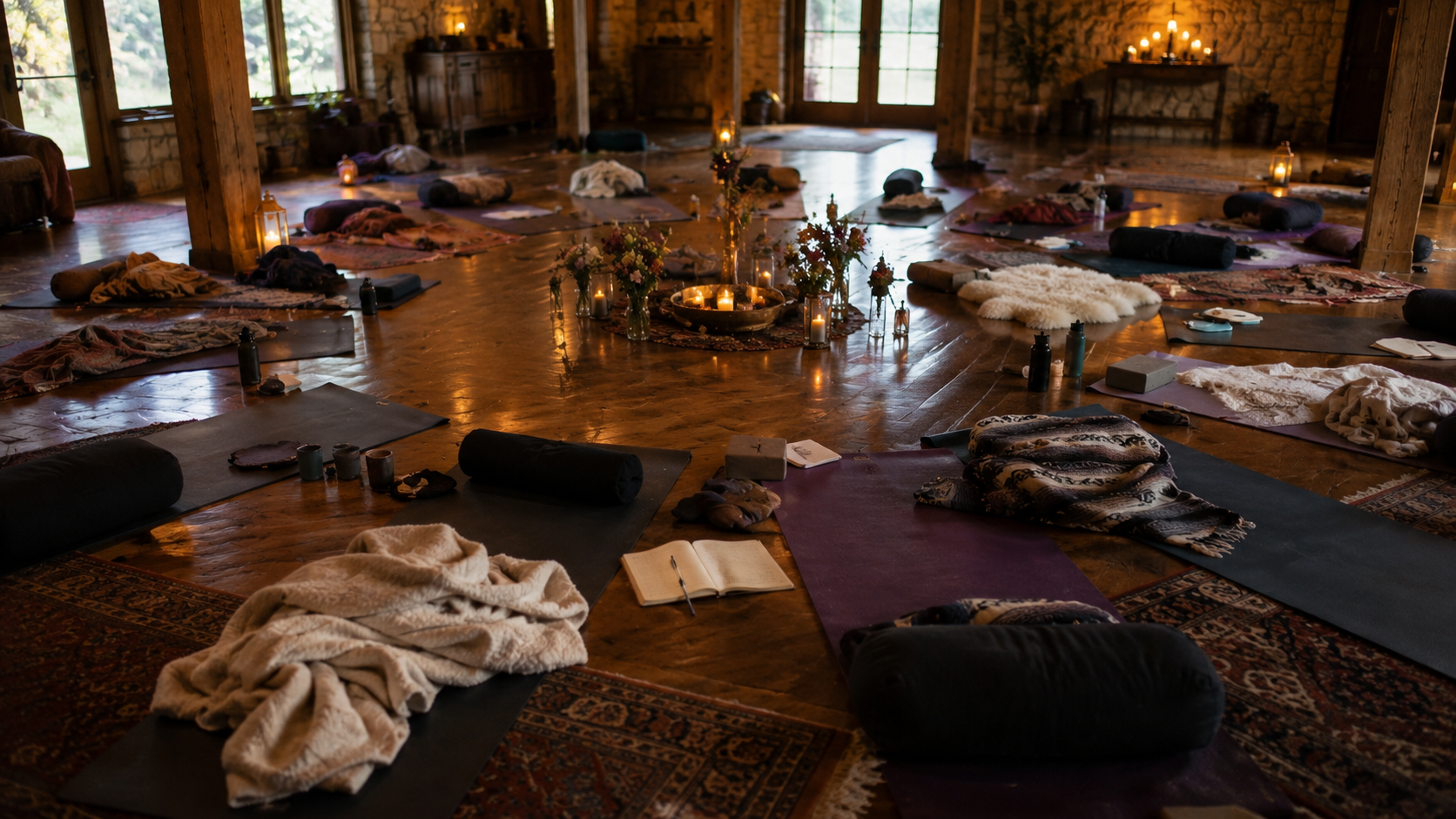 Ceremonial breathwork space with mats and candles arranged on wood floors