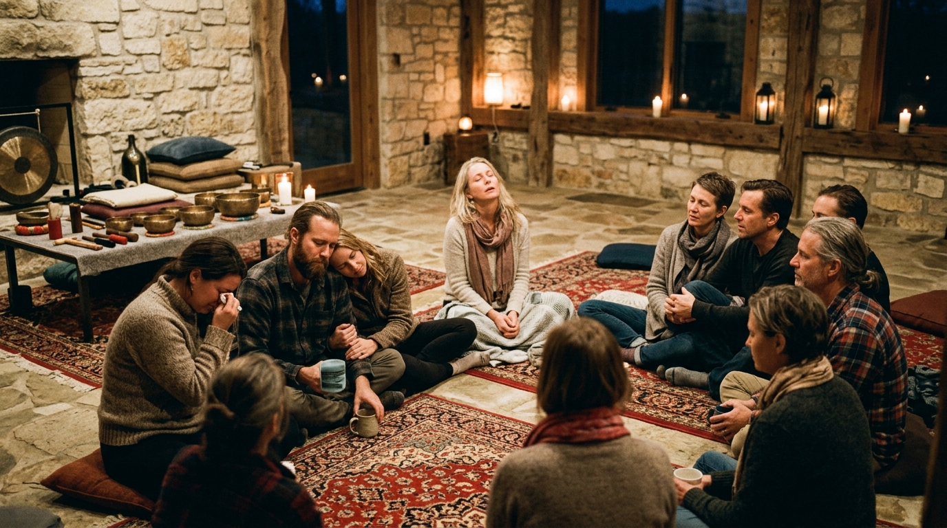 Participants gathered in a private retreat circle inside a stone-walled room