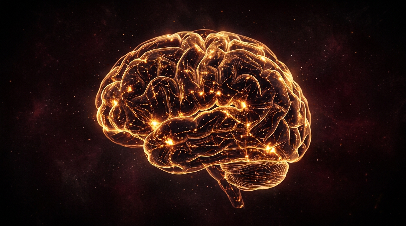 Glowing neural brain visualization in amber and gold