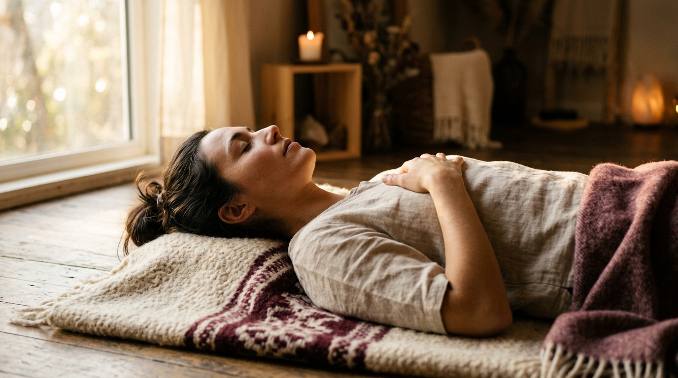 A person resting in warm golden light during a breathwork session, eyes closed, deeply at peace