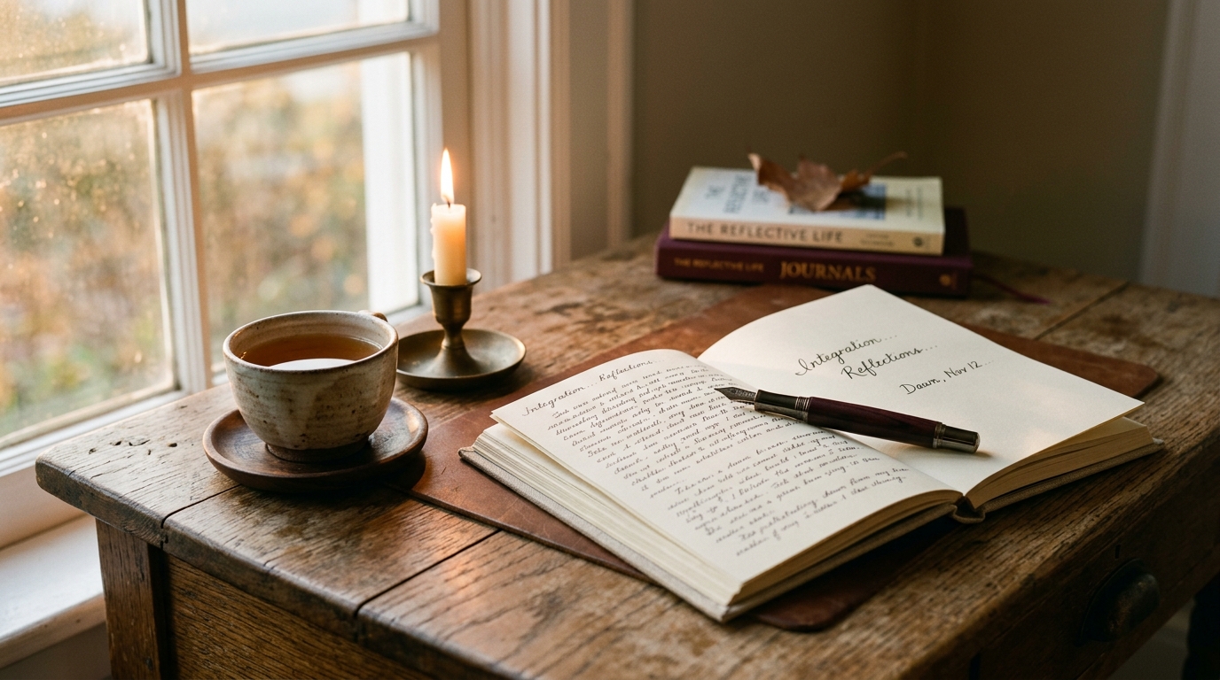 A quiet desk at dawn with an open journal, a candle, and warm light through a window