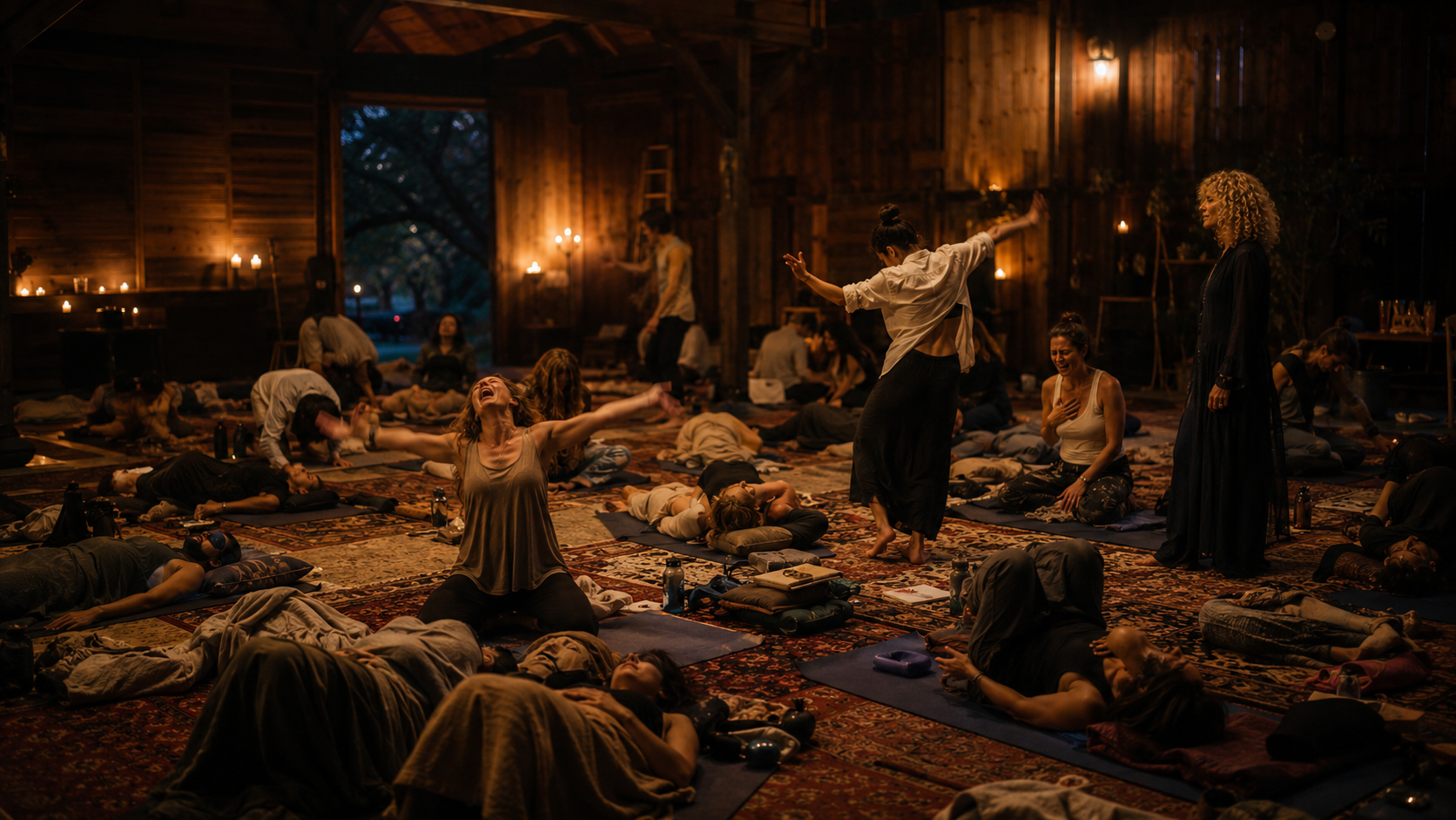 Large Holotropic Breathwork group session in candlelit barn, participants in active process