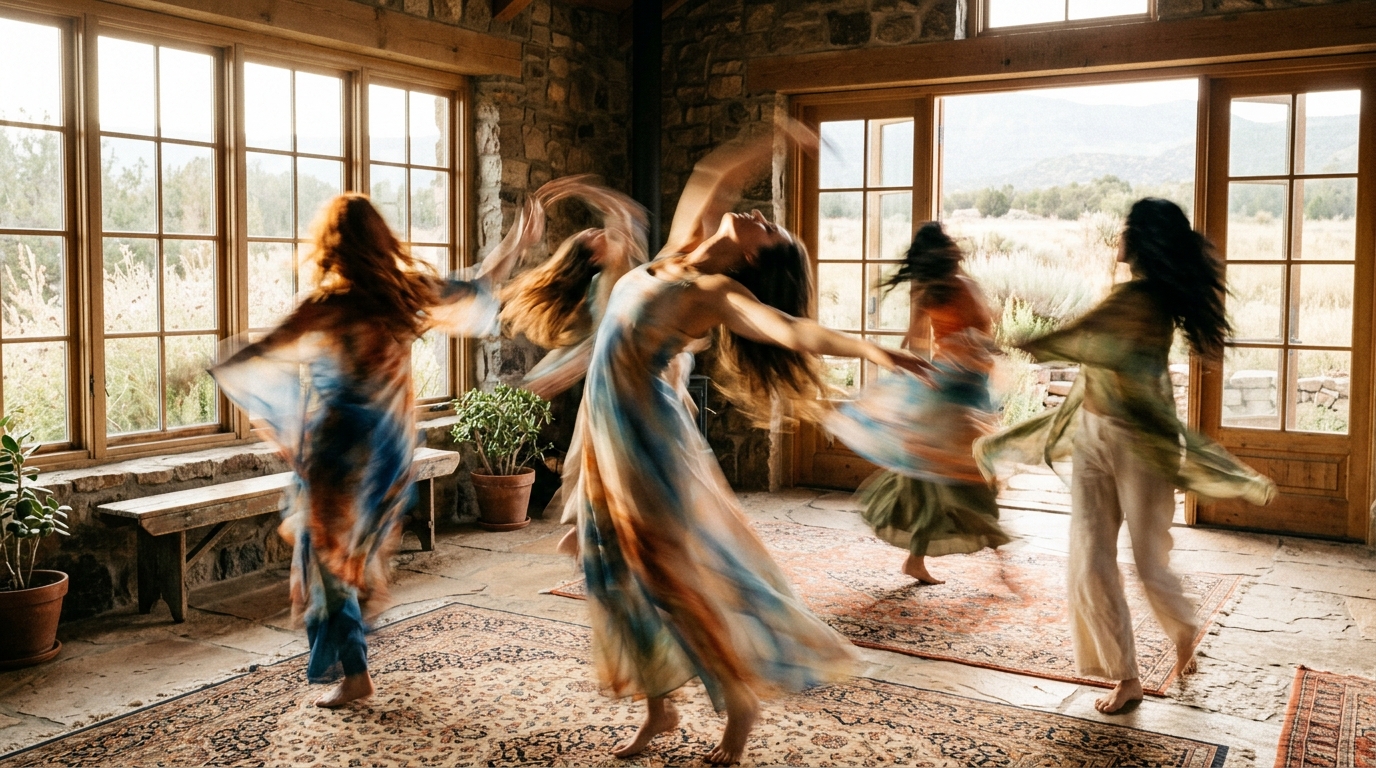 Participant in motion during Embodied Trance session, bright natural light